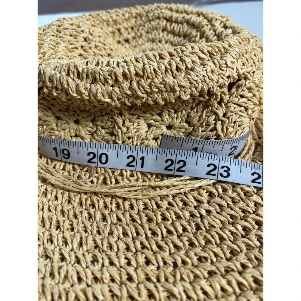 Kate Landry Womens Tan Woven Straw Wide Brim Sun Hat Crochet Packable Beach Hat